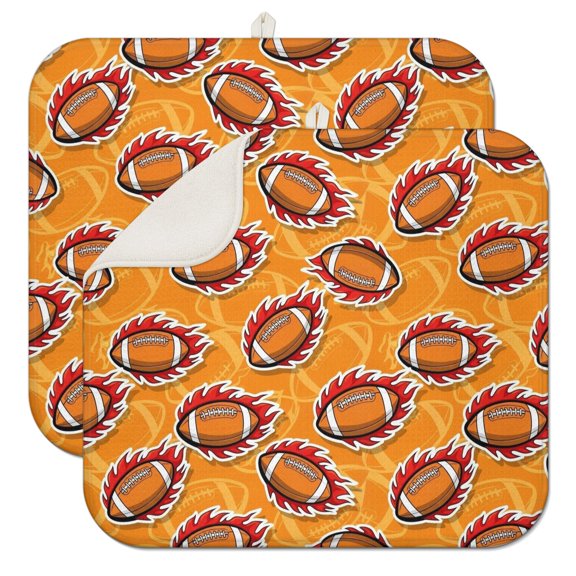 Football Fire Orange Pattern 2 Pack Kitchen Dish Drying Mat, Ultra Absorbent Microfiber Dish Drainer Mat, 16"x18"