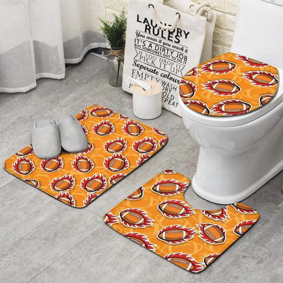 Football Fire Orange Pattern 3 Piece Flannel Bathroom Rug Set, Shower Bath Rug Kit with Non Slip Backing & Absorbent Surface, Wear Resistant Gifts for Birthday Christmas Thanksgiving
