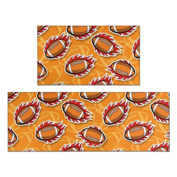 Football Fire Orange Pattern Anti Fatigue Kitchen Rugs Set Of 2, Non Slip Washable Decorative Floor Mats for Kitchen Sink Laundry, 17"x30" and 17"x47"