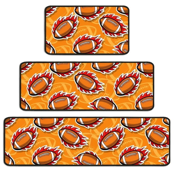 Football Fire Orange Pattern Kitchen Rugs Set Of 3, Non Slip Washable Kitchen Runner Rugs, Decorative Floor Mats for Sink Laundry and Home Use, 17"x30" + 17"x47" + 17"x59"