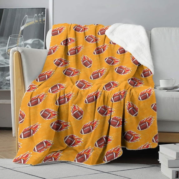 Football Fire Orange Pattern Soft Sherpa Fleece Throw Blanket, Warm Cozy Plush Blanket for Sofa Bed Couch, All Season, 50"x60"