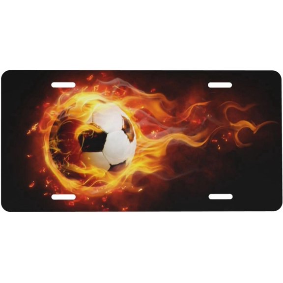 Football Flame Fire Front License Plate for Women Car Vanity Plates Decorative Aluminum Metal Cute Novelty License Plate Cover for Men 6x12 Inch (4 Holes)