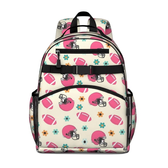 Football Flower Pink Pattern Cute School Backpack Bag for School with Padded Back and Adjustable Shoulder Straps 15.25"x11.5"x5.25"
