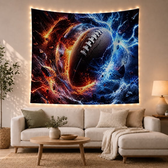 Football Flying Through Fiery Vortex with Electric Blue Lightning, Dramatic Digital Art for Sports Fans, Athletic Wall Decor, Birthday Gift, Tapestry Wall Hanging for Gaming Room and Den