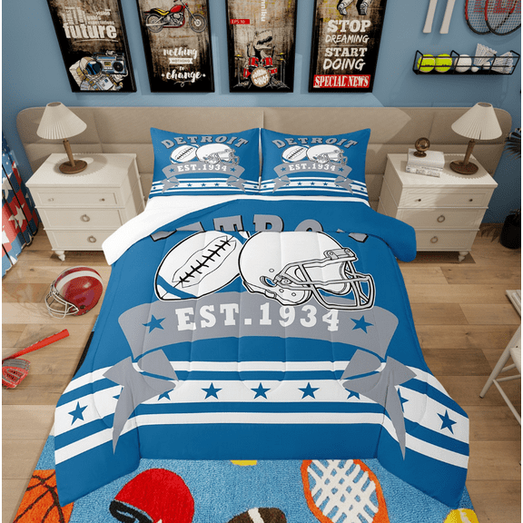 Football Full Comforter Set For Sports Fans American Football Bedding Sets, 3D Ball Game Sports Decor Comforter Adults Festival Gift Bed Set With 2 Pillow Cases(Detroit)