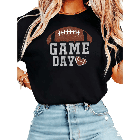 Football Game Day Graphic Tee T Shirt Top Heart Accent Design Cotton Short Sleeve Crew Neck Black S-5XL