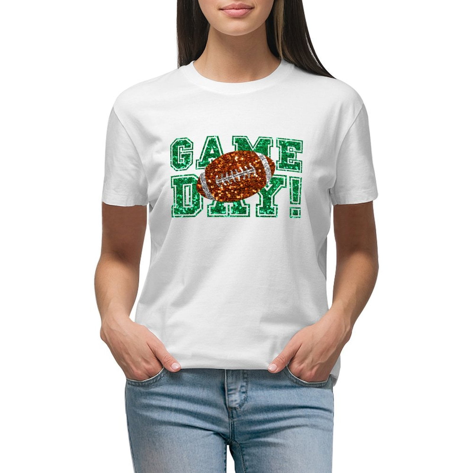 Football Game Day Green Glitter TShirt for Women Crew Neck Short