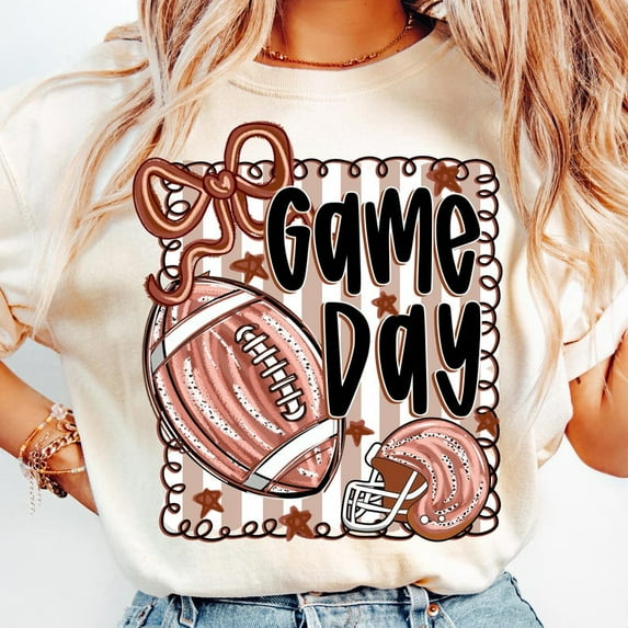 Football Game Day T-Shirt for Women, Retro Preppy Football Mama Graphic Tee with Bow, Fall Sports Touchdown Season Shirt Design