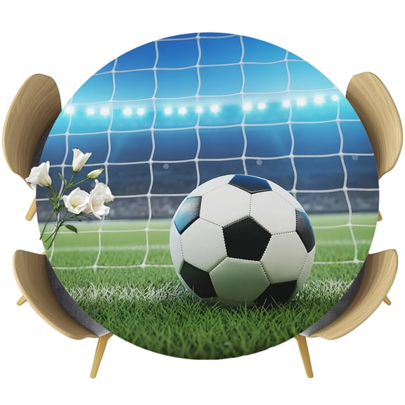 Football Games Round Tablecloth 36-44 Inch Round Fitted Table Cloth with Elastic Edge, Modern Stadium Ball Sports Goal Waterproof Table Cover Protector for Outdoor Picnic Party Dining