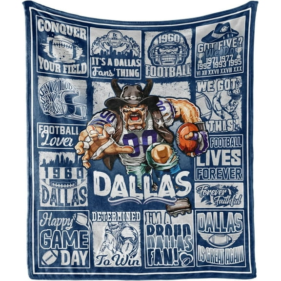 Football Gifts, Football Fans Throw Blanket for Men Women Boys, Blue Team Color Flannel Blanket, Football Style Blanket Sofa Bed Couch 60"x 50"
