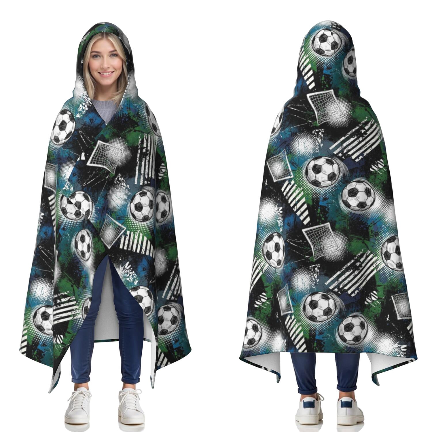 Football and Goal Green Pattern Hooded Flannel Blanket, Camping ...