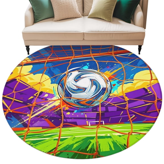 Football Goal Round Rug 7ft Washable Circle Rugs Non Slip Abstract Graffiti Balls Sports Gaming Large Area Rug Indoor Floor Carpet for Bedroom Kitchen Living Room Home Office Dining Room Nursery