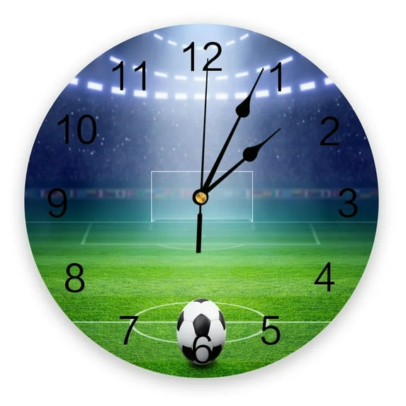 Football Green Stadium Lights Soccer PVC Wall Clock Modern Design Home Decor Bedroom Silent Oclock Watch Wall for Living Room(14 Inch)