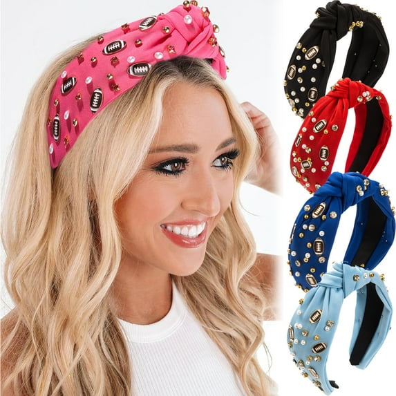 Football Headband Pearl Rhinestone Jeweled Knotted Headband Fun Sports Football Wide Top Knot Hairband Headpiece Game Day Hair Accessories Gift for Football Mom Fans