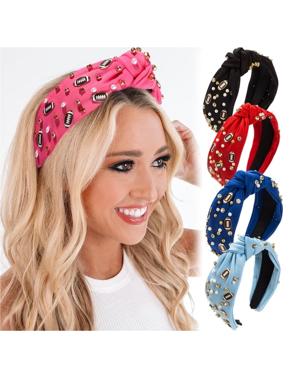Football Headband Pearl Rhinestone Jeweled Knotted Headband Fun Sports Football Wide Top Knot Hairband Headpiece Game Day Hair Accessories Gift for Football Mom Fans