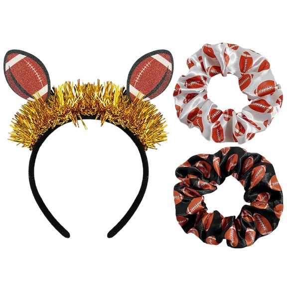 Football Headband Set Elastic Hair Ties Scrunchies Glitter Football Hair Bands Sport Hair Accessories for Women Girls Rugby Game Day Super Bowl Party Favors Supplies 3Pcs