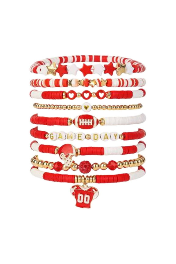 Football Heart Letter Friendship Stretch Bracelet Set Layer Stackable Nine Clasp, 6 cm, RedB