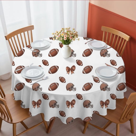 Football Helmet Brown Pattern Round Tablecloth 60"x60", Wrinkle Resistant Wipeable Table Cover for Kitchen Dining Room Picnic Patio and Party