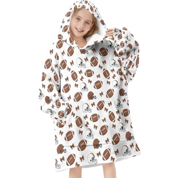 Football Helmet Brown Pattern Teens Oversized Sherpa Wearable Blanket Hoodie, Hooded Blanket Sweatshirt with Large Pockets