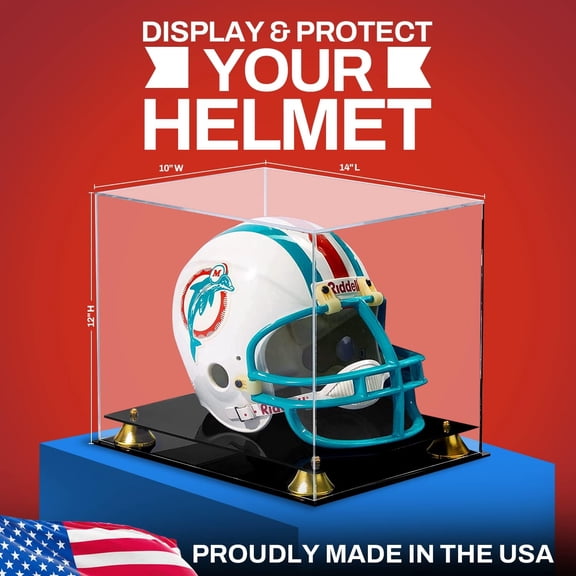 Football Helmet Display Case Full Size | Crystal Clear Acrylic with Dual Black Base & Gold Risers for Sports Memorabilia Collection