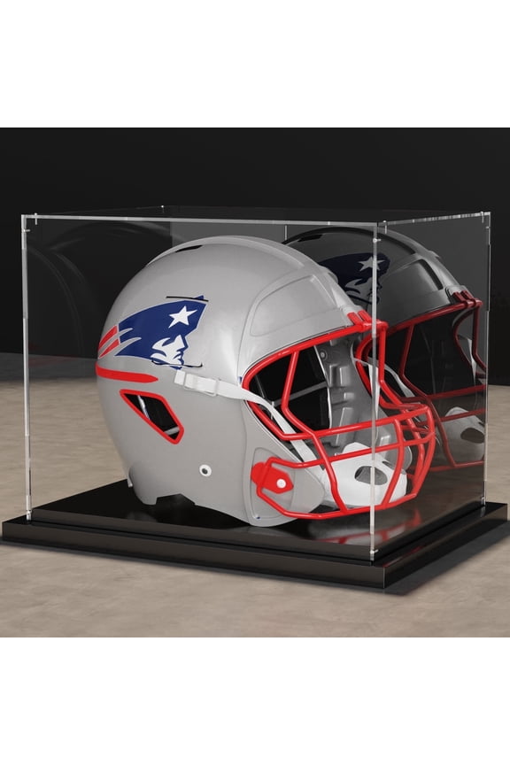 Football Helmet Display Case Full Size Clear Acrylic Display Cases with Mirror Back and Black Metal Grooved Base Stackable Dustproof