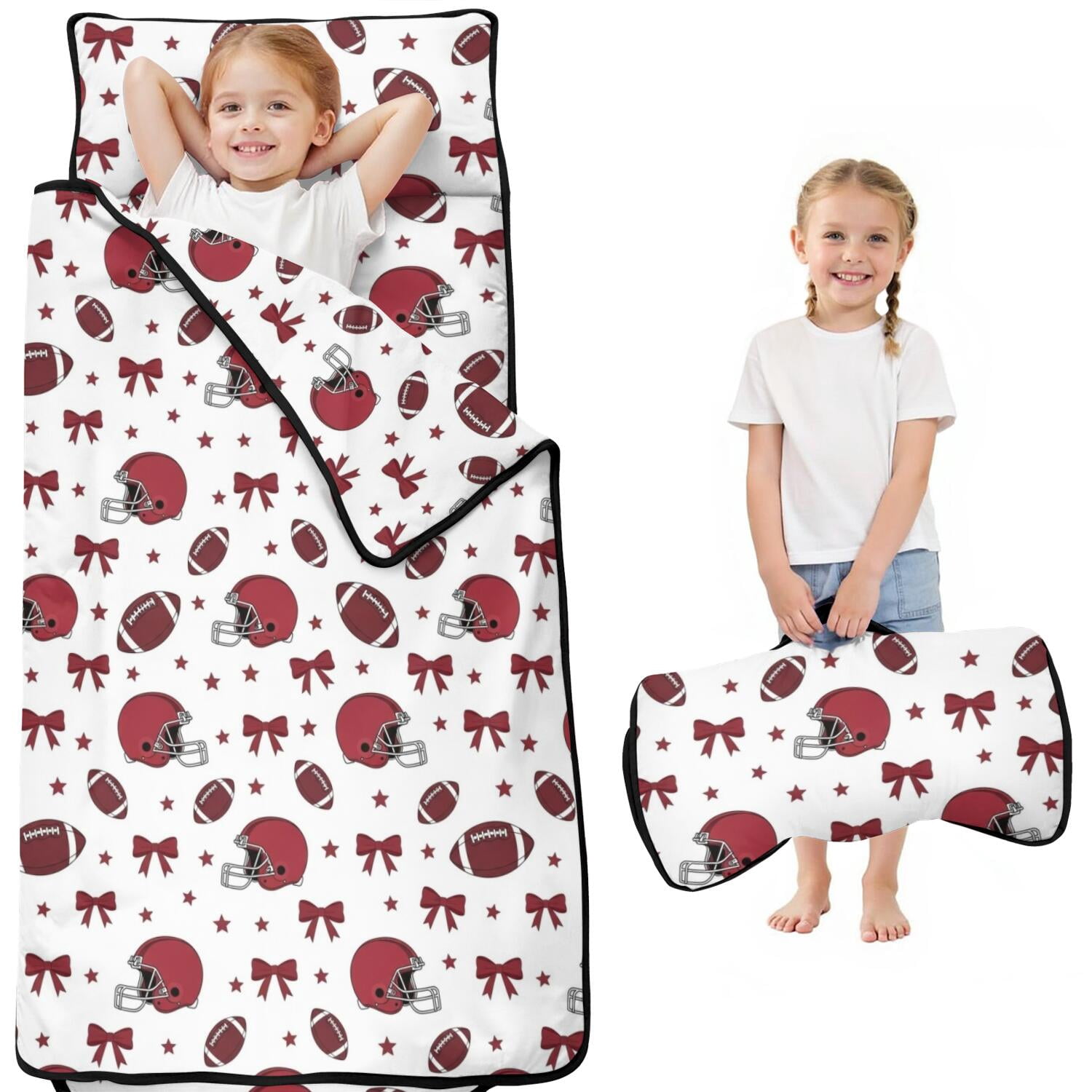 English Red Pattern Football Helmet Red Pattern Kids Nap Mat, Sleeping Mat with Removable ...
