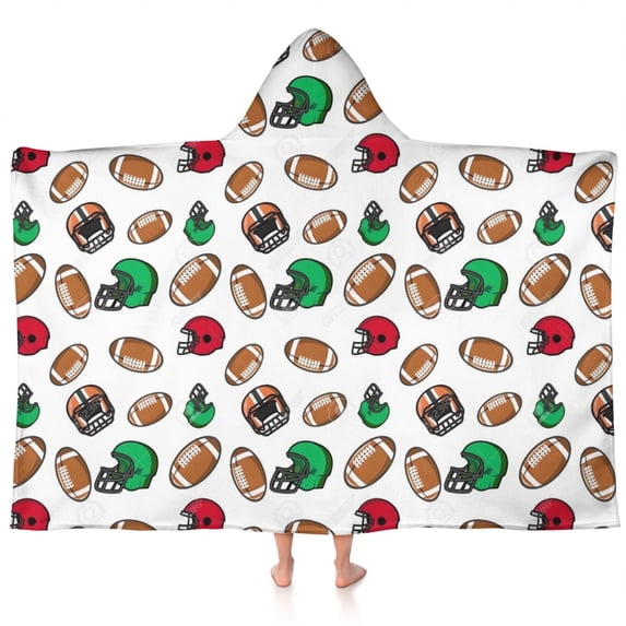 Football Helmets and Balls Pattern Hooded Bath Towel,60"x35" for Ages 3 To 12 Kids, Quick Dry Lightweight Soft Microfiber Hood Beach Towel Cover Up for Kids