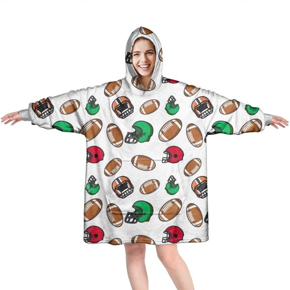 Football Helmets and Balls Pattern Wearable Oversized Blanket,Wearable Blanket Hoodie for Adults,Cozy Hooded Blankets with Super Pockets,Super Warm Fuzzy Pullover for Women & Men