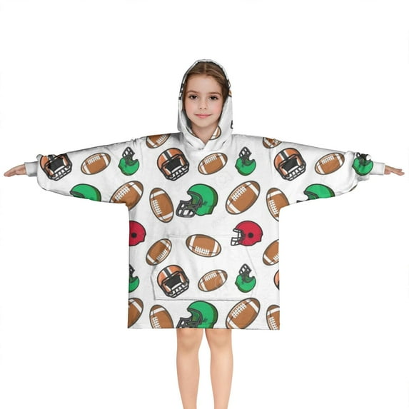 Football Helmets and Balls Pattern Blanket Hoodies for Kids 6-13YR Oversize Wearable Blanket Hoodies for Boys Girls Teens