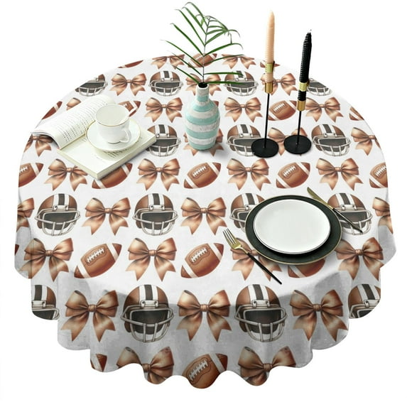 Football Helmets with Bows Pattern Round Tablecloth 60"x60",Wrinkle Wipeable Table Cloth for Kitchen Dining Room Picnic Patio Party