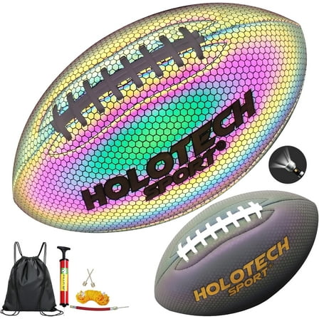 Football, Holographic Reflective Glowing Footballs with Pump for Kids, Teens and Adults - Synthetic Leather Outdoor All-Weather Footballs