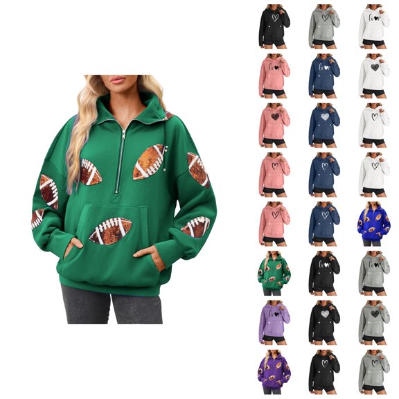 Football Hoodies for Women 2025 Long Sleeve Half Zip Hooded Sweatshirt with Pockets Y2K Pullover Tops