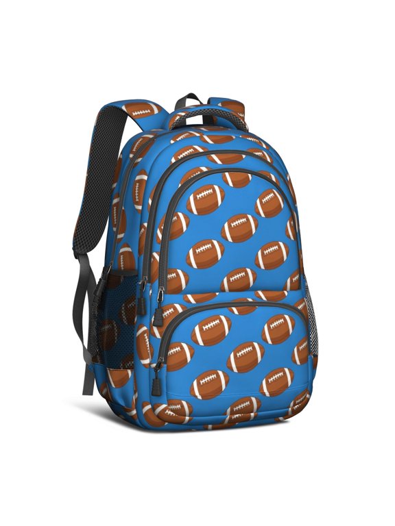 Football Icon Blue Pattern Backpack for School, Cute School Bag with Adjustable Shoulder Straps and Padded Back, 16.9"x12.6"x5.9"