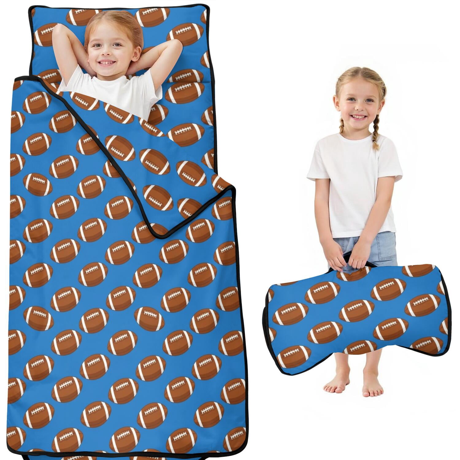 Football Icon Blue Pattern Kids Nap Mat, Preschool Sleeping Pad with ...