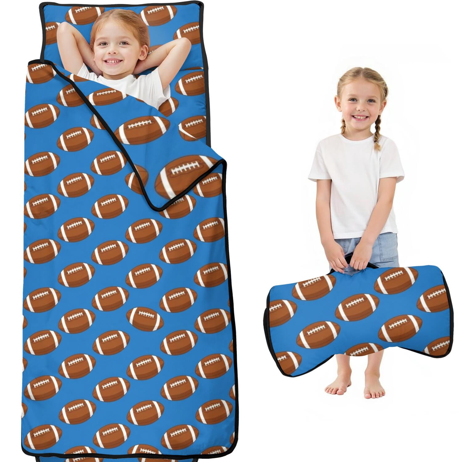 Football Icon Blue Pattern Kids Nap Mat, Sleeping Mat with Removable ...