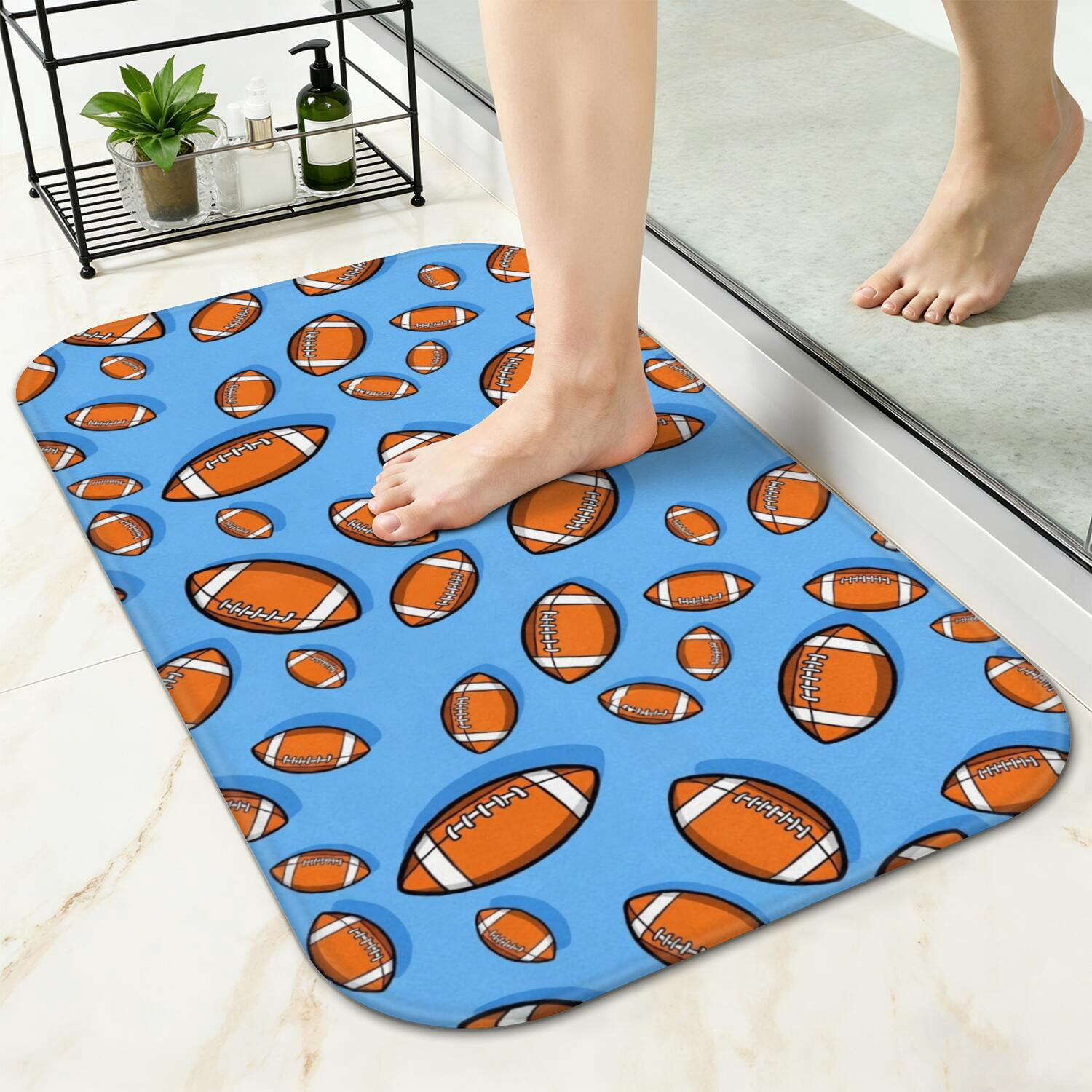 Football Icon Blue Pattern Non-Slip Bath Mat, Entryway Door Rug with ...