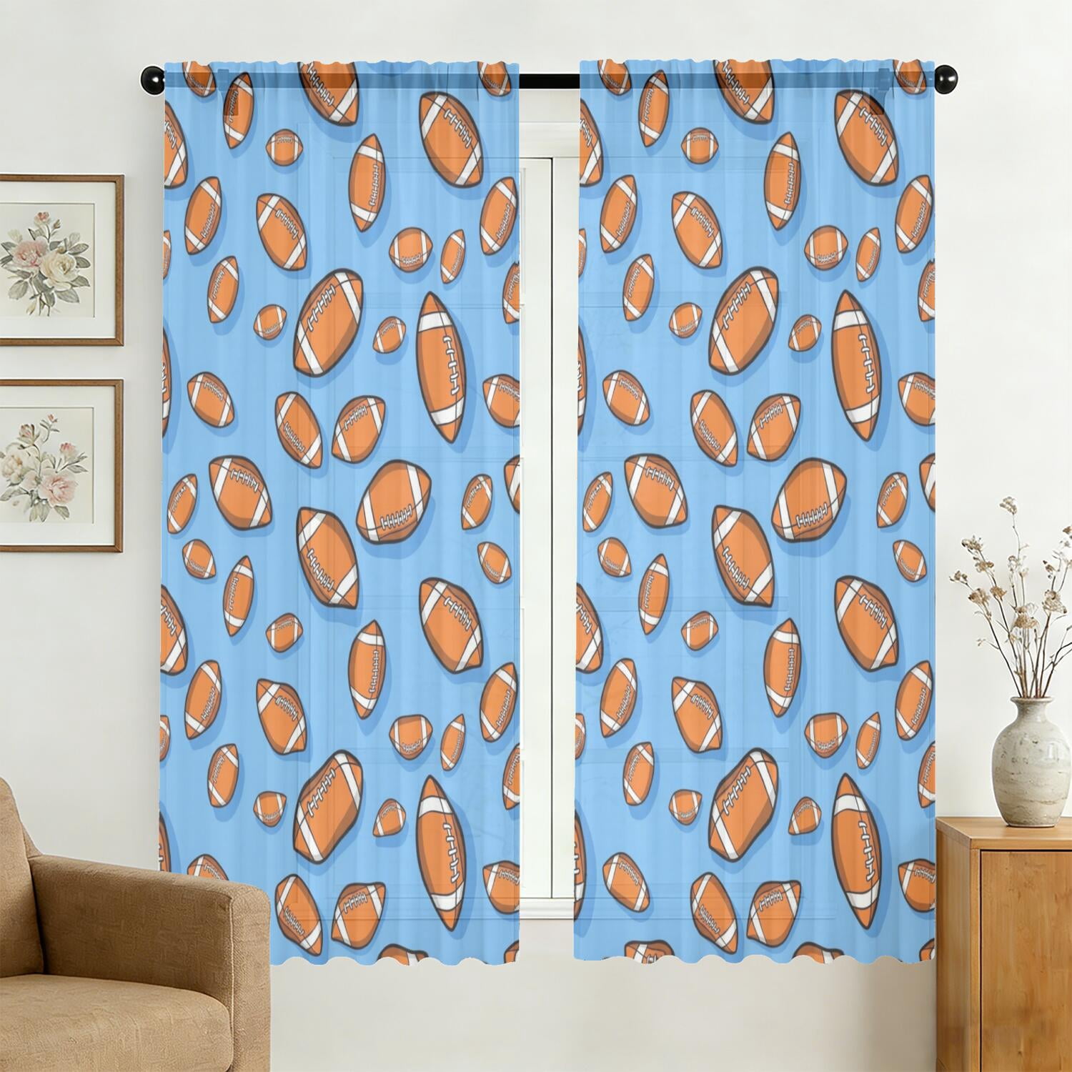Football Icon Blue Pattern Sheer Curtains, Rod Pocket Sheer Drapes with ...
