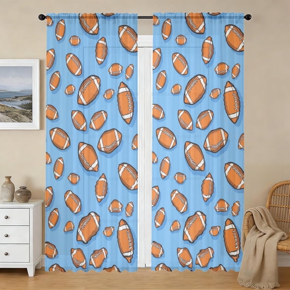 Football Icon Blue Pattern Sheer Curtains, Rod Pocket Sheer Drapes with ...