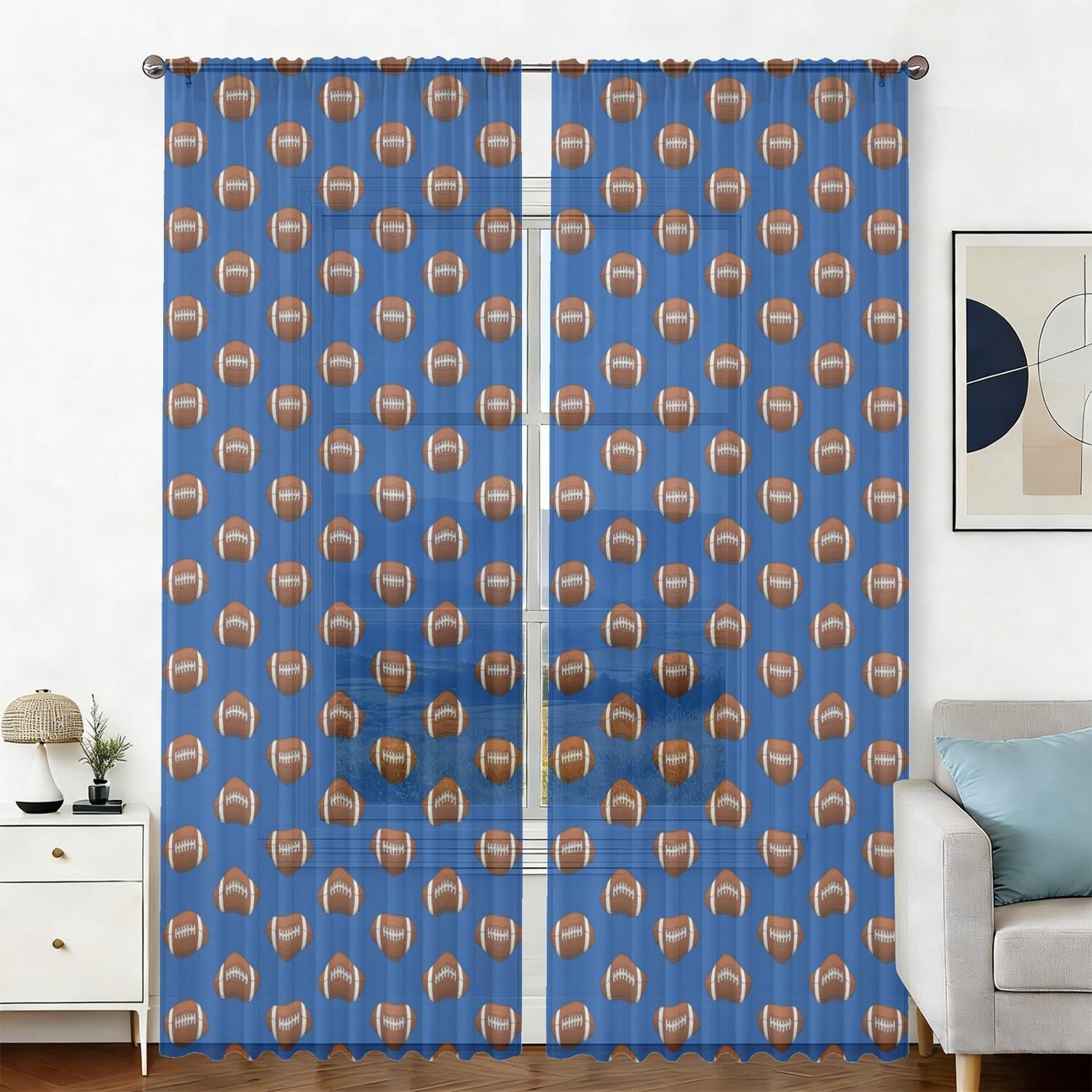 Football Icon Blue Pattern Sheer Curtains, Sheer Window Panels with ...