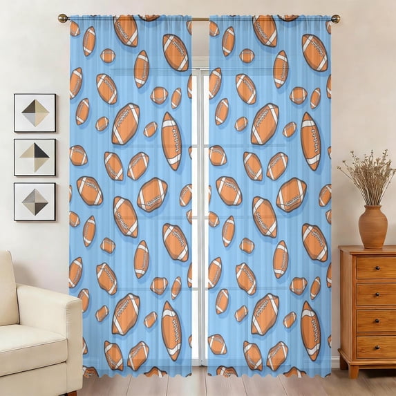 Football Icon Blue Pattern Sheer Curtains, Voile Drapes with Dual Rod ...