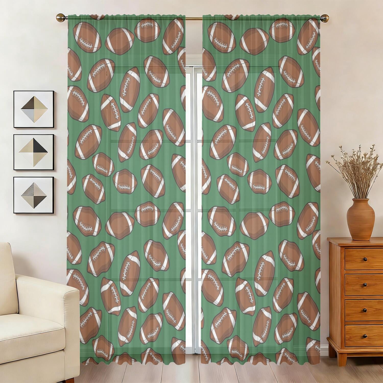 Football Icon Green Pattern Sheer Curtains, Sheer Window Panels with ...