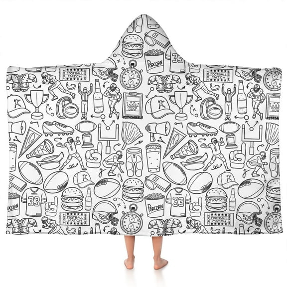 Football Icons Pattern Hooded Bath Towel，50"x30" for Ages 3 To 12 Kids, Quick Dry Lightweight Soft Microfiber Hood Beach Towel Cover Up for Kids