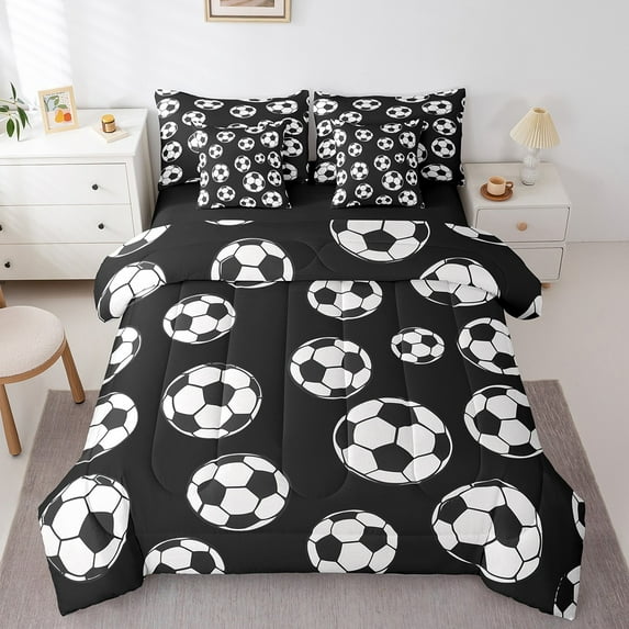Football King Comforter Set with Sheets Sports Bedding Sets Teen Soccer Sport Game Theme Bed in a Bag Black and White Football Bed Set Soccer Room Decor Sheets 7 Pcs