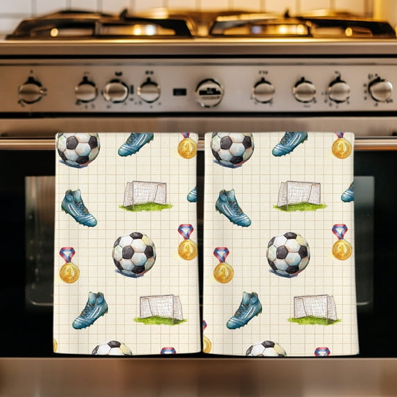 Football Kitchen Towels Set of 3, Gold Medal Soccer Sports Beige Absorbent Dish Towels for Kitchen, Microfiber Hand Towel, Quick Drying Tea Towel for Cleaning Decorative Dishcloths