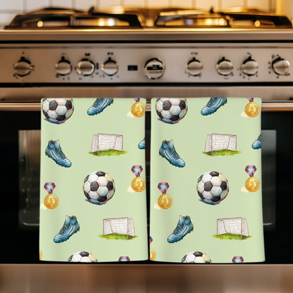 Football Kitchen Towels Set of 3, Gold Medal Soccer Sports Beige Green Absorbent Dish Towels for Kitchen, Microfiber Hand Towel, Quick Drying Tea Towel for Cleaning Decorative Dishcloths