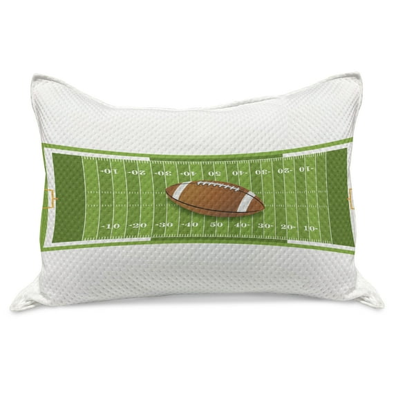 Football Knitted Quilt Pillowcover, Sports Themed Cartoon Srtle Image of Ruby Quinco Ball on Filed, Standard King Size Pillow Cover for Bedroom, 30" x 20", Pale Caramel Lime Green, by Ambesonne