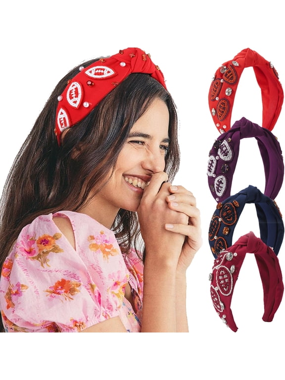 Football Knotted Headbands for Women Game Day Sports Beaded Football Headband Pearl Crystal Bejeweled Wide Top Knot Hairband Game Day Hair Accessories