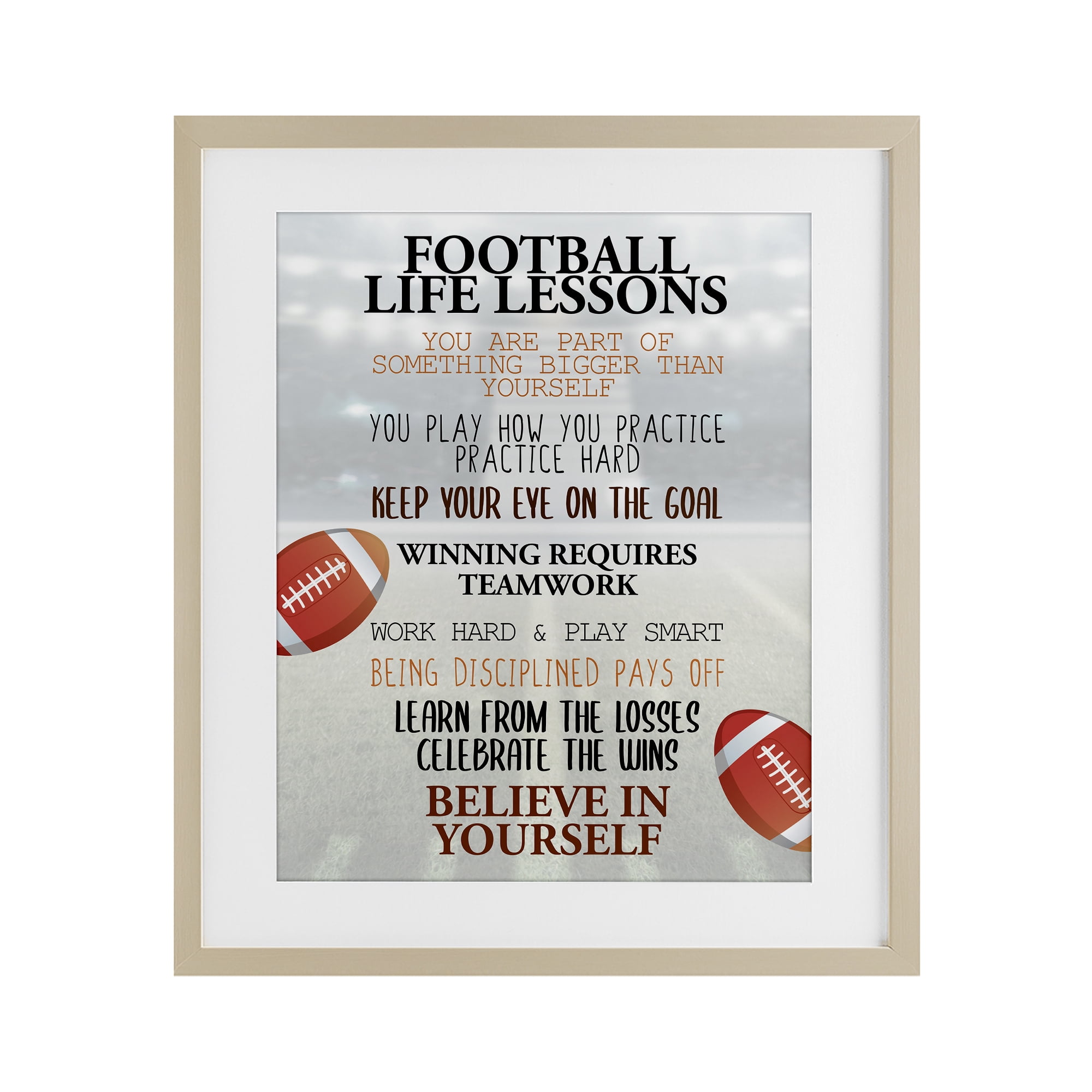 Football Life Lessons Birch Framed Print Under Glass, design by Kim Allen