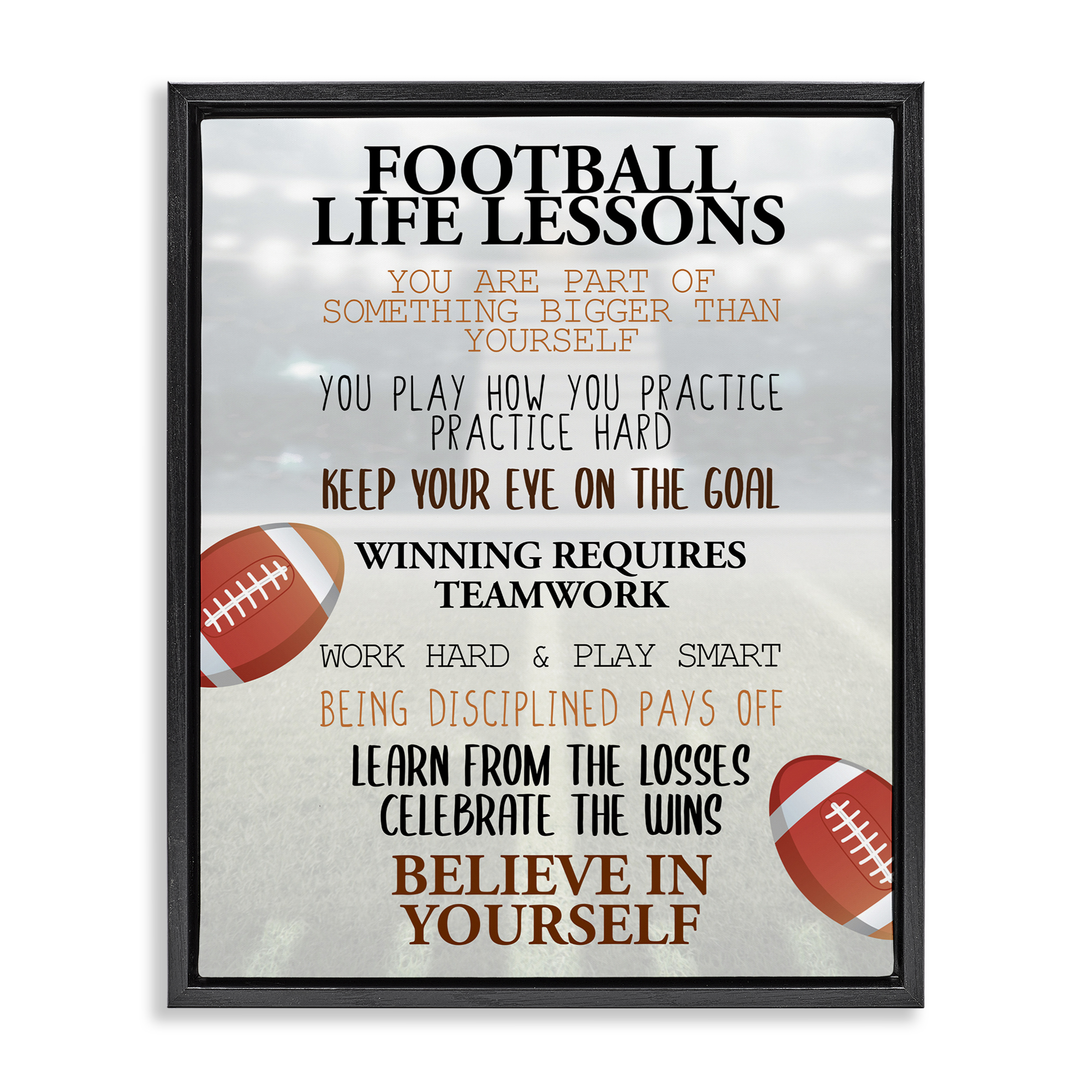 Football Life Lessons Black Framed Floater Canvas Wall Art, design by Kim Allen
