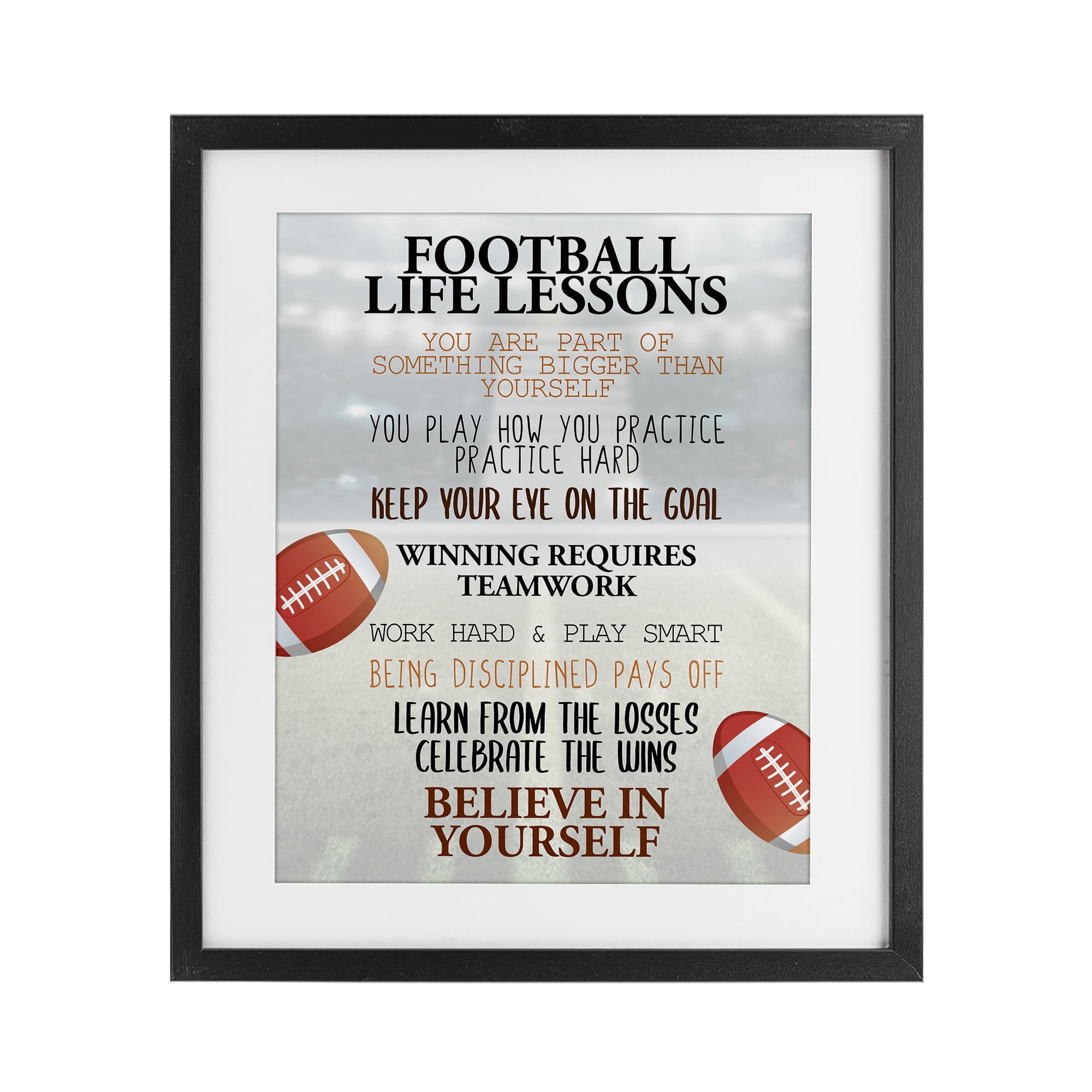 Football Life Lessons Black Framed Print Under Glass, design by Kim Allen